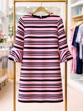 Draper James Pink & Navy Striped Bell-Sleeve Knit Dress Size:S